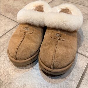 UGG Chestnut Suede Slippers with Plush Cream Lining